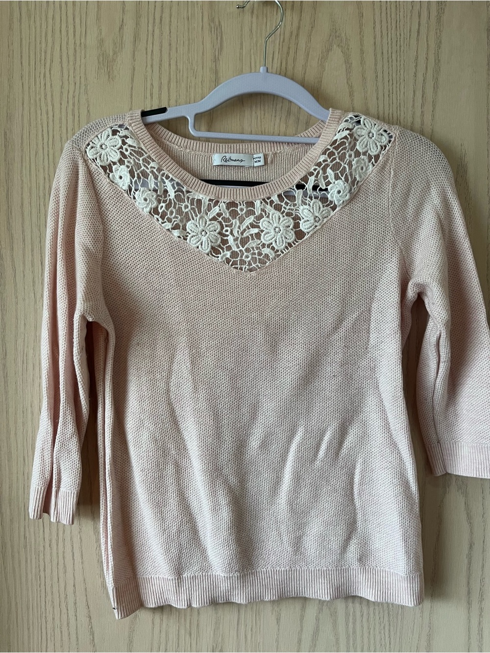 Reitmans Women’s Petite Embroidered Lace Pale Pink Sweater Top Size M